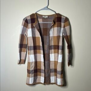 Plaid Open-Front Cardigan Sweater - Brown and White